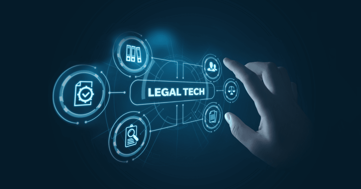 A hand selecting legal technology tools on a digital interface
